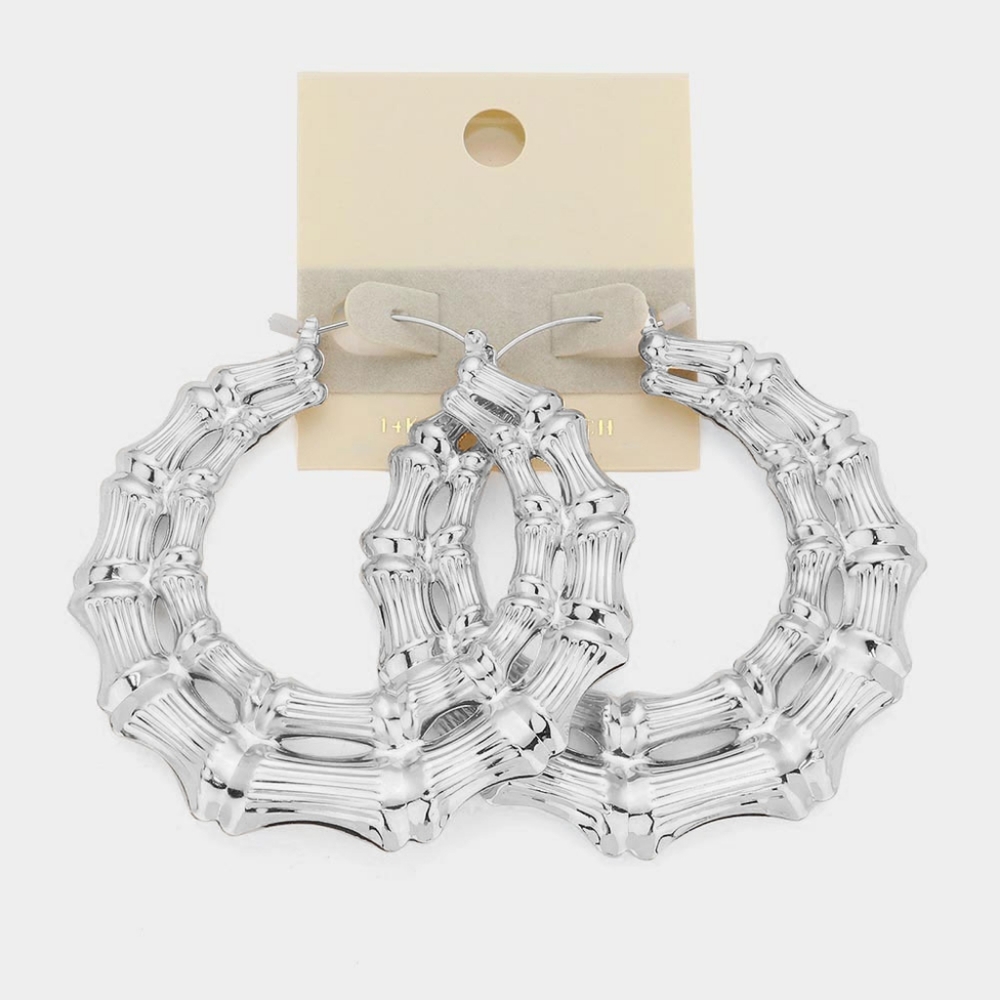 Silver Double Round 14K Bamboo Doorknocker Hoop Earrings Trend Fashion Accessory